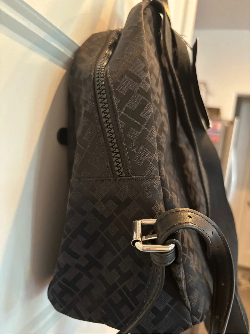 Tommy Hilfiger Black Monogram Mini Backpack with Front Zip